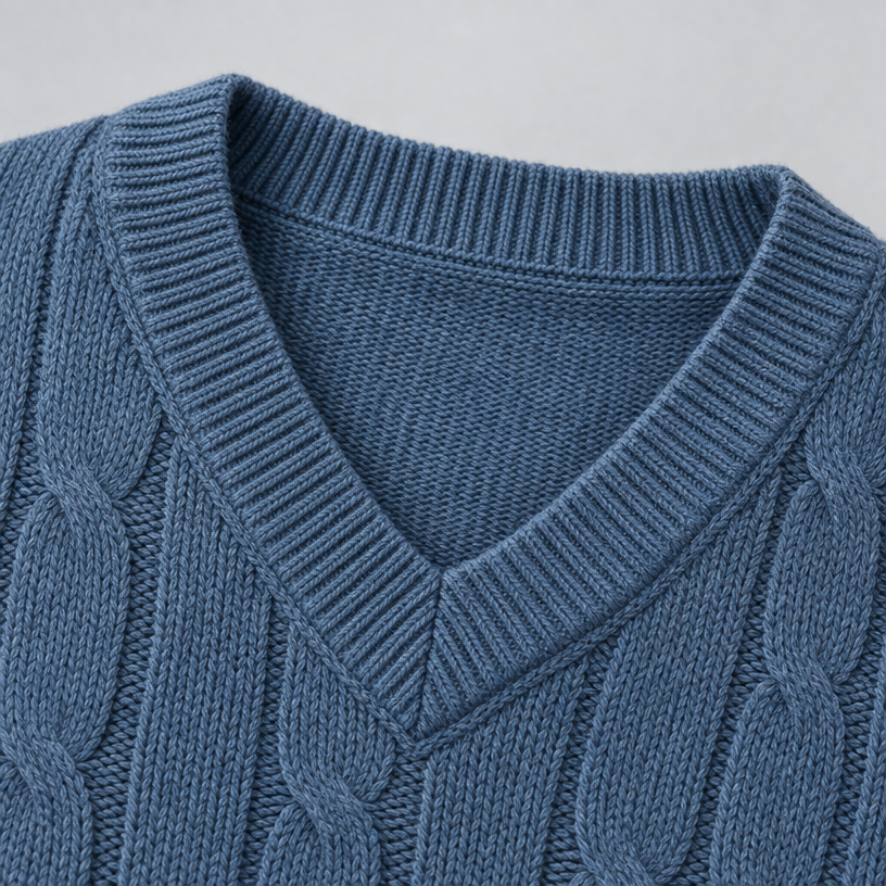 Herren Merino-Zopfstrickpullover mit V-Ausschnitt — Hellblau