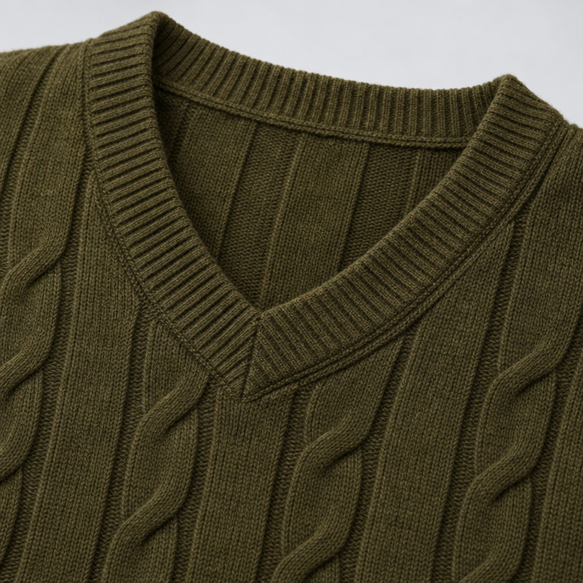 Herren Merino-Zopfstrickpullover mit V-Ausschnitt — Olivgrün