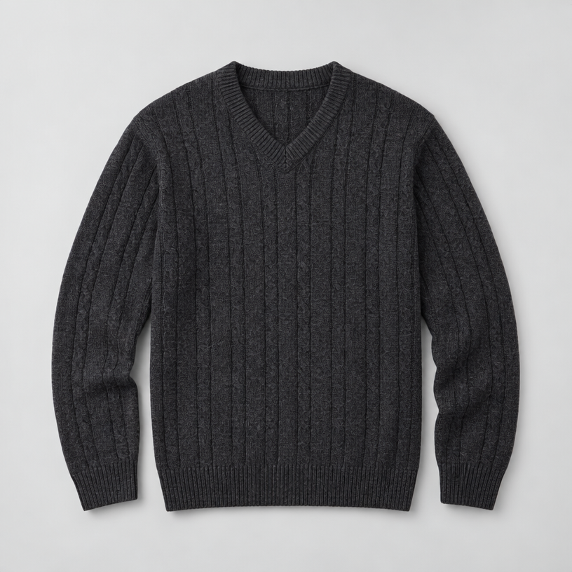 Herren Merino-Zopfstrickpullover mit V-Ausschnitt — Anthrazit