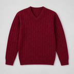 Herren Merino-Zopfstrickpullover mit V-Ausschnitt — Weinrot