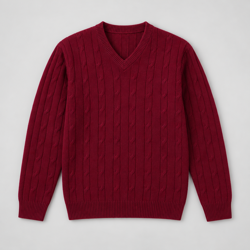 Herren Merino-Zopfstrickpullover mit V-Ausschnitt — Weinrot