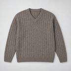Herren Merino-Zopfstrickpullover mit V-Ausschnitt — Sand