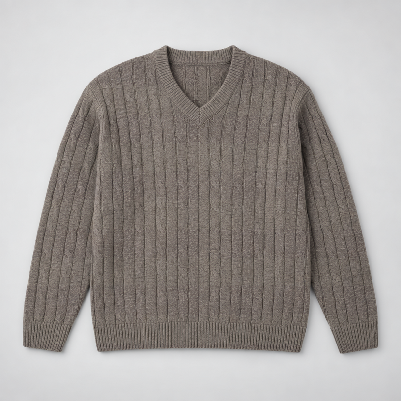 Herren Merino-Zopfstrickpullover mit V-Ausschnitt — Sand