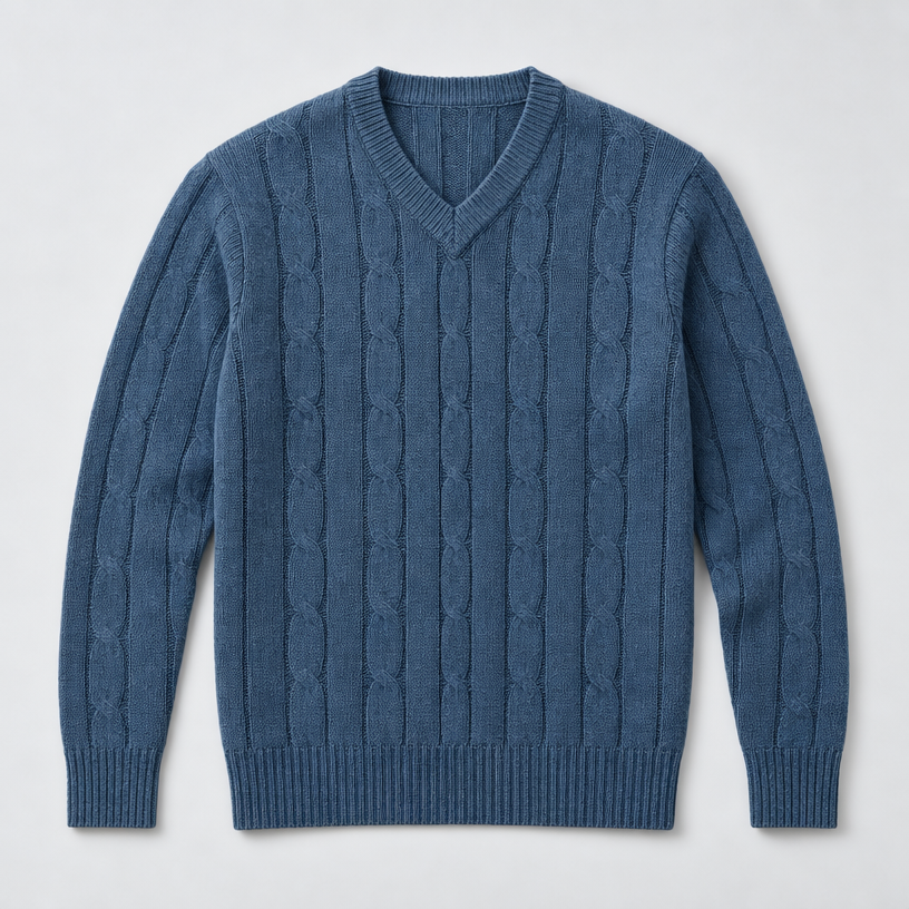 Herren Merino-Zopfstrickpullover mit V-Ausschnitt — Hellblau