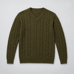 Herren Merino-Zopfstrickpullover mit V-Ausschnitt — Olivgrün