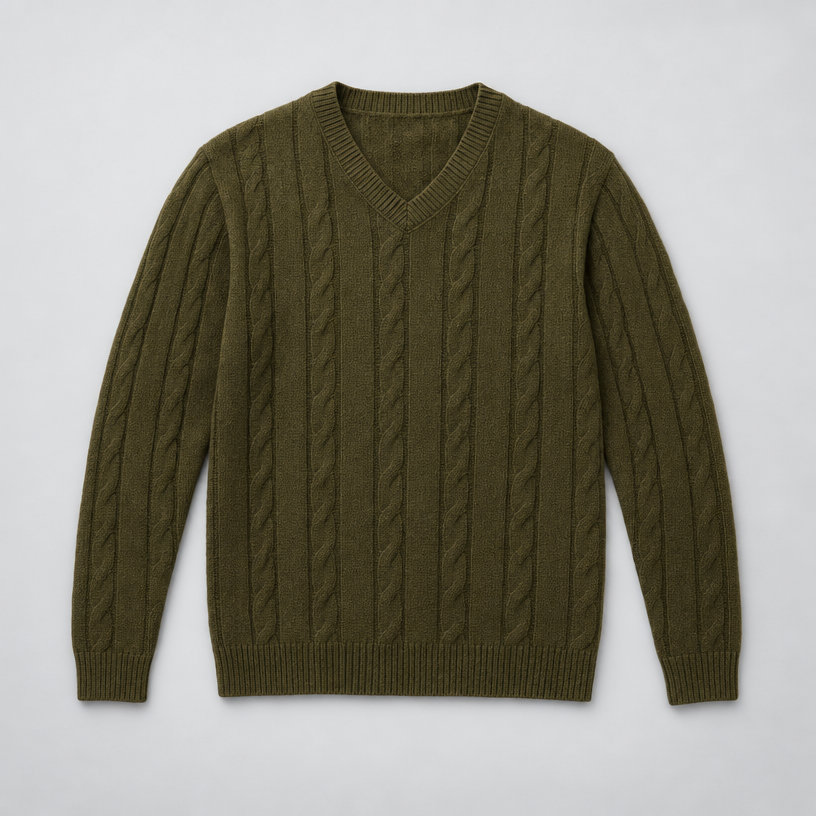 Herren Merino-Zopfstrickpullover mit V-Ausschnitt — Olivgrün