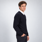 Herren Merino-Zopfstrickpullover mit V-Ausschnitt — Marineblau
