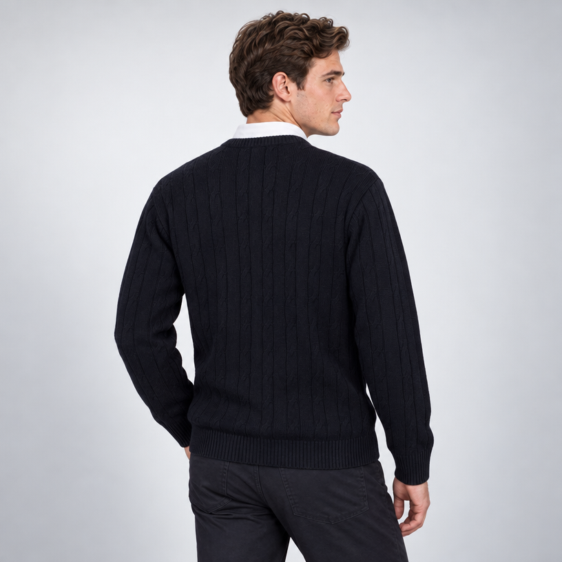 Herren Merino-Zopfstrickpullover mit V-Ausschnitt — Marineblau