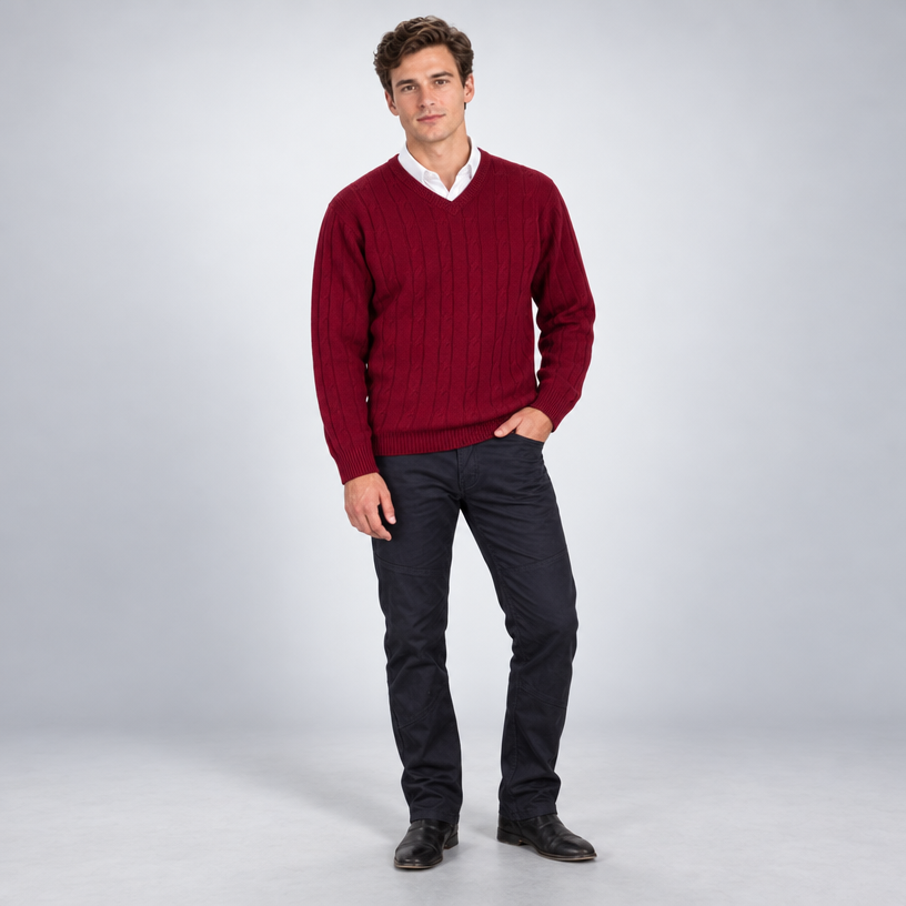 Herren Merino-Zopfstrickpullover mit V-Ausschnitt — Weinrot