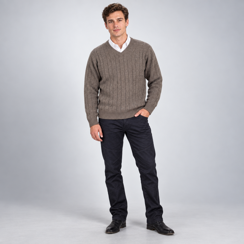 Herren Merino-Zopfstrickpullover mit V-Ausschnitt — Sand