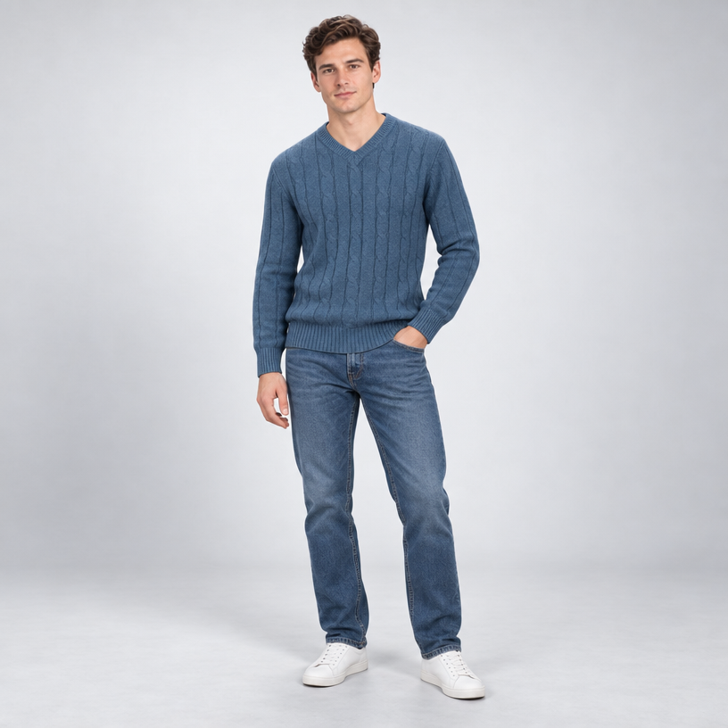 Herren Merino-Zopfstrickpullover mit V-Ausschnitt — Hellblau