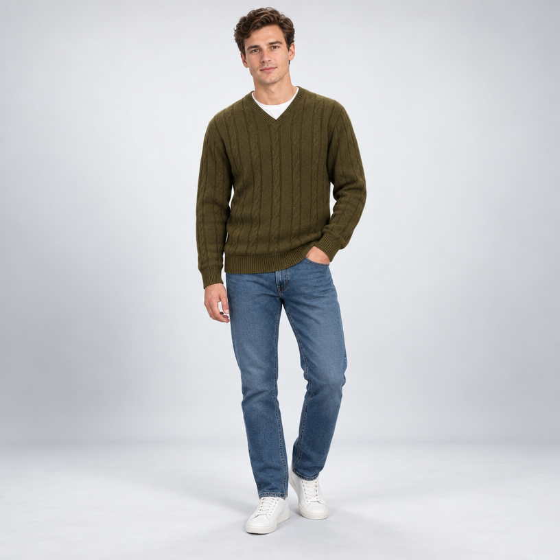 Herren Merino-Zopfstrickpullover mit V-Ausschnitt — Olivgrün