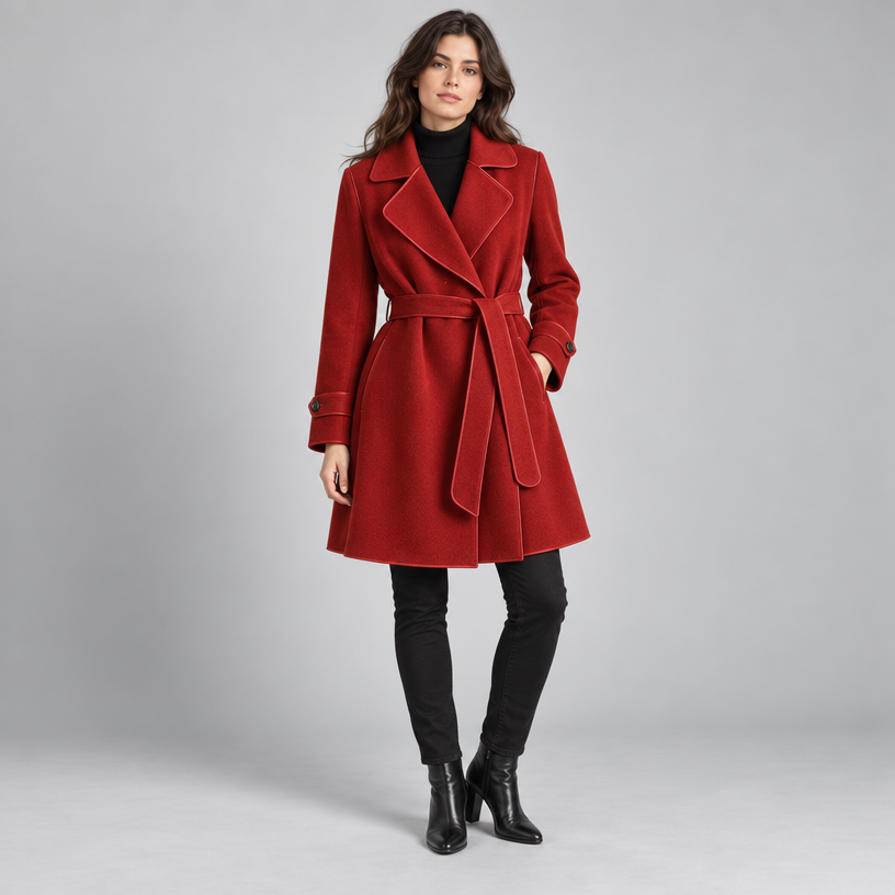 Damen Lang-Trenchcoat mit Bindegürtel – Relaxed Fit — Weinrot