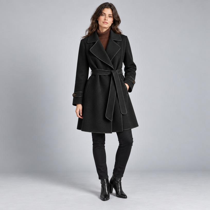 Damen Lang-Trenchcoat mit Bindegürtel – Relaxed Fit — Schwarz