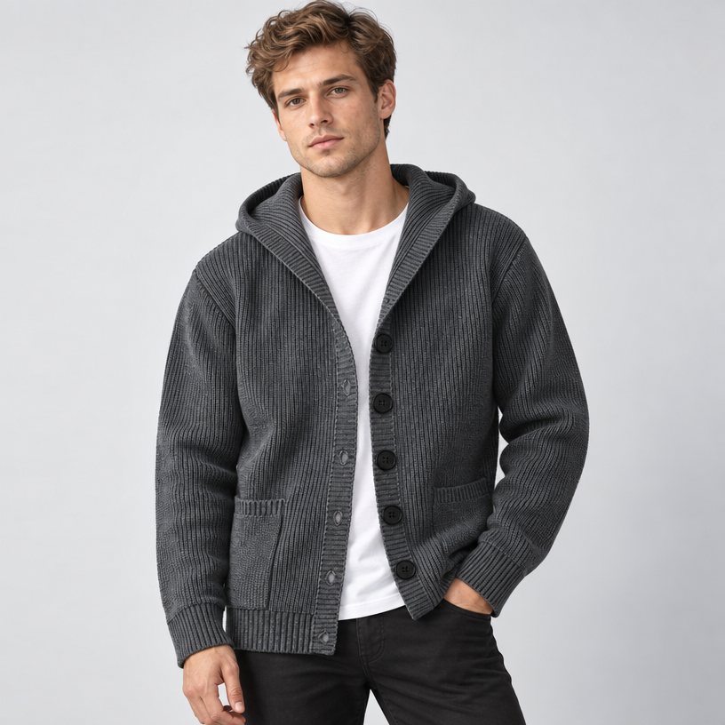 Herren Kapuzen-Strickjacke mit Knopfleiste – Regular Fit — Steingrau