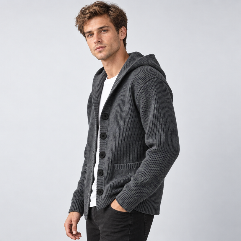 Herren Kapuzen-Strickjacke mit Knopfleiste – Regular Fit — Steingrau