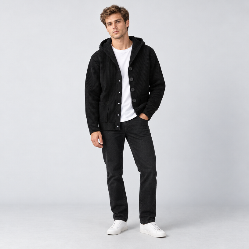 Herren Kapuzen-Strickjacke mit Knopfleiste – Regular Fit — Mitternachtsschwarz