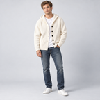 Herren Kapuzen-Strickjacke mit Knopfleiste – Regular Fit — Reinweiß