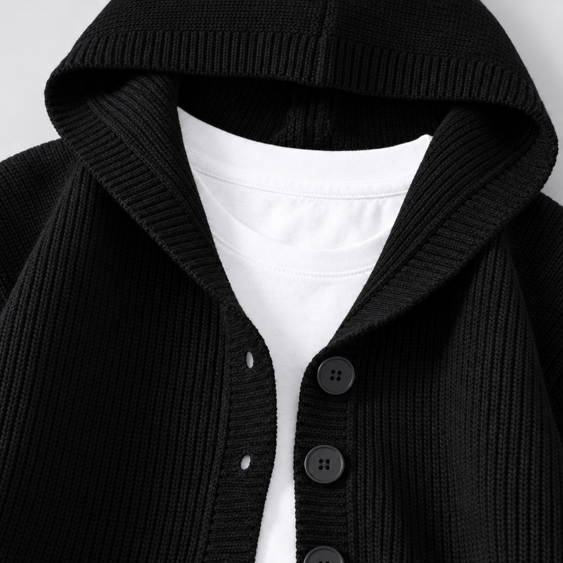 Herren Kapuzen-Strickjacke mit Knopfleiste – Regular Fit — Mitternachtsschwarz