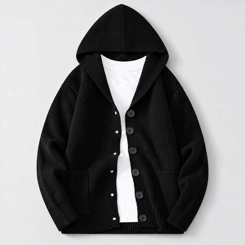 Herren Kapuzen-Strickjacke mit Knopfleiste – Regular Fit — Mitternachtsschwarz