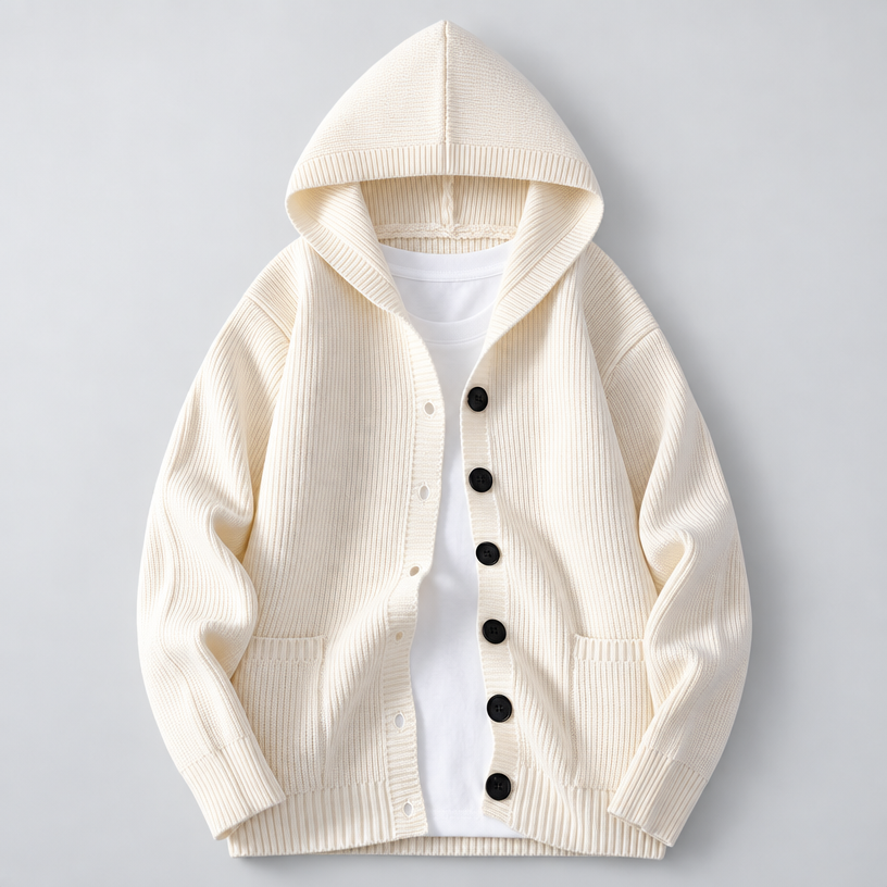 Herren Kapuzen-Strickjacke mit Knopfleiste – Regular Fit — Reinweiß