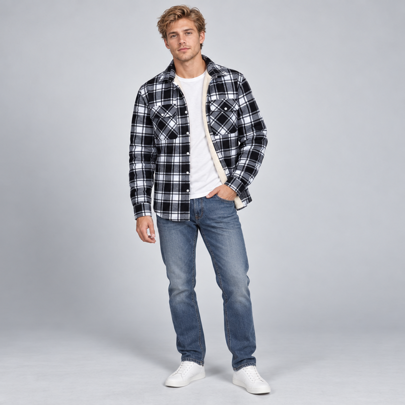 Herren Karierte Flanell-Hemdjacke mit Sherpa-Futter — Schwarz
