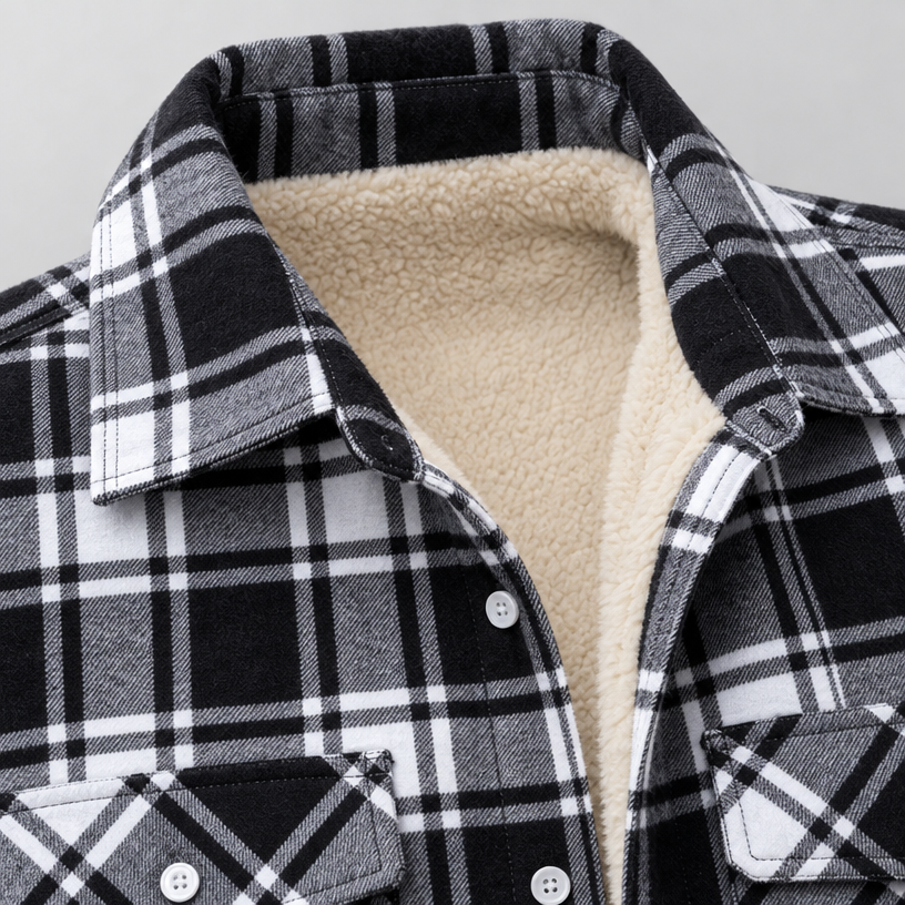Herren Karierte Flanell-Hemdjacke mit Sherpa-Futter — Schwarz