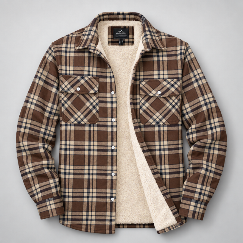 Herren Karierte Flanell-Hemdjacke mit Sherpa-Futter — Braun