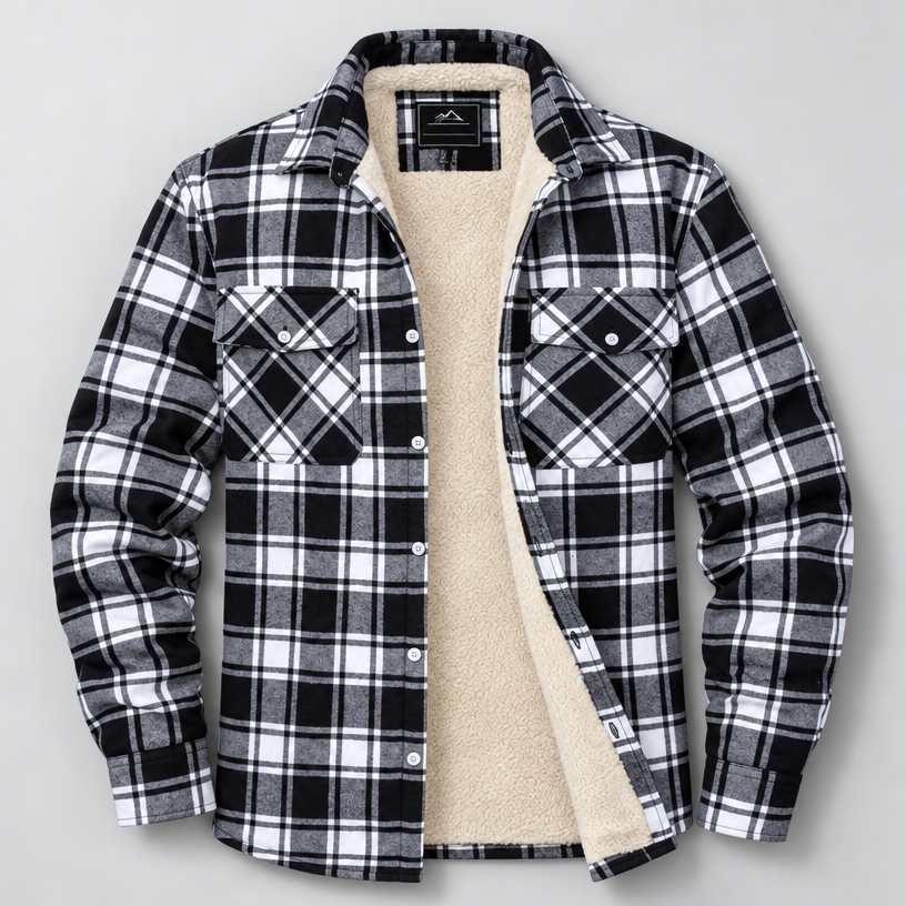 Herren Karierte Flanell-Hemdjacke mit Sherpa-Futter — Schwarz