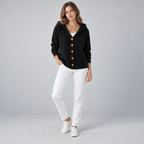 Damen Kapuzen-Strickjacke mit Knopfleiste – Relaxed Fit — Schwarz