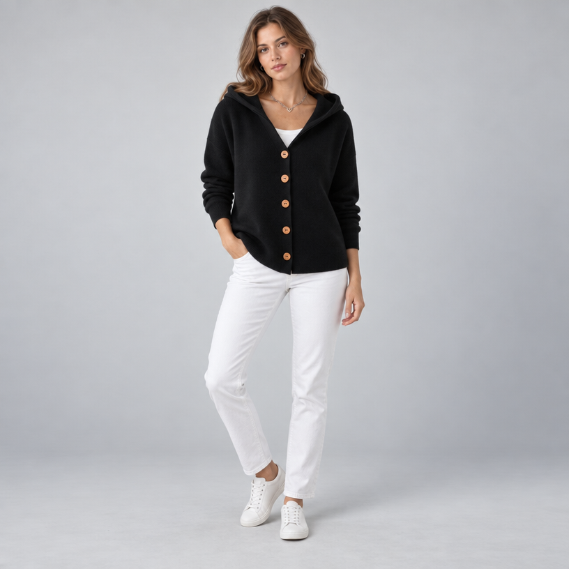 Damen Kapuzen-Strickjacke mit Knopfleiste – Relaxed Fit — Schwarz