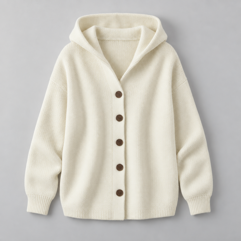 Damen Kapuzen-Strickjacke mit Knopfleiste – Relaxed Fit — Beige