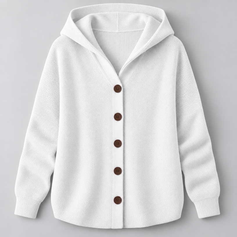 Damen Kapuzen-Strickjacke mit Knopfleiste – Relaxed Fit — Weiß