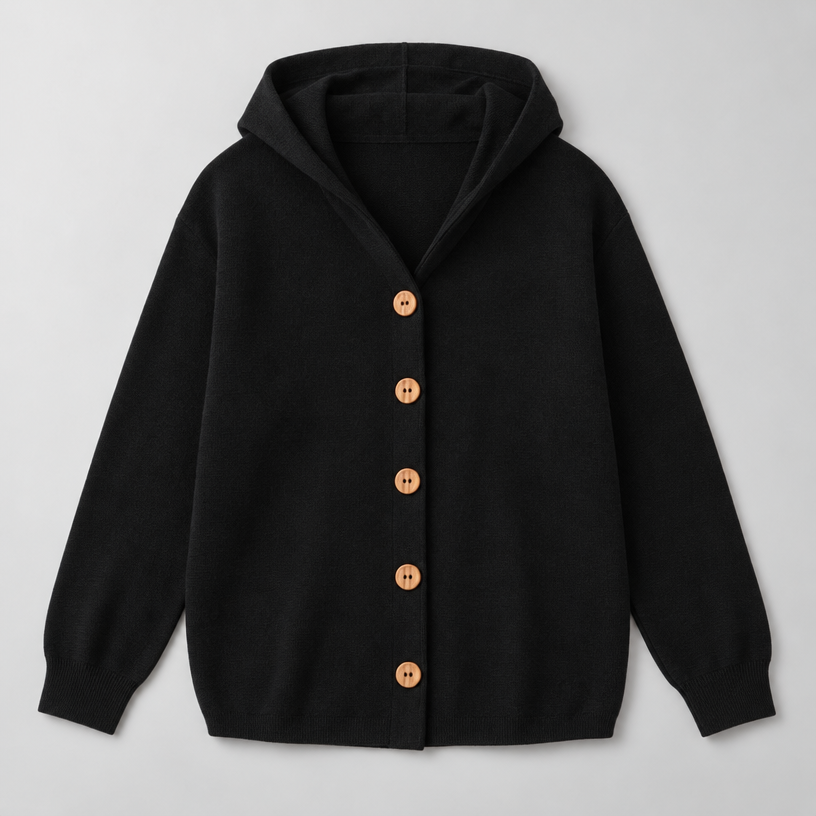 Damen Kapuzen-Strickjacke mit Knopfleiste – Relaxed Fit — Schwarz