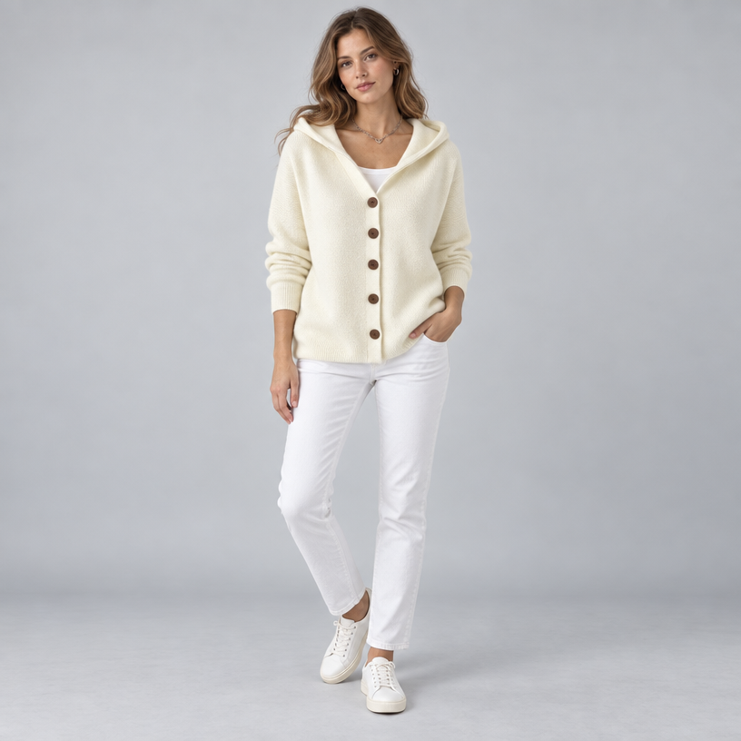 Damen Kapuzen-Strickjacke mit Knopfleiste – Relaxed Fit — Beige