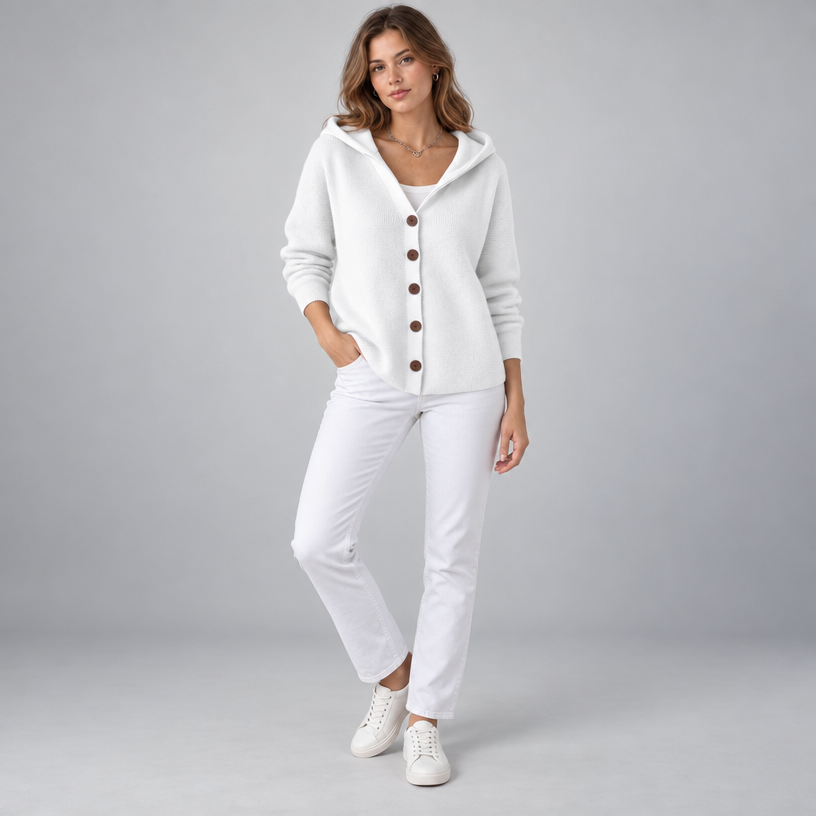 Damen Kapuzen-Strickjacke mit Knopfleiste – Relaxed Fit — Weiß