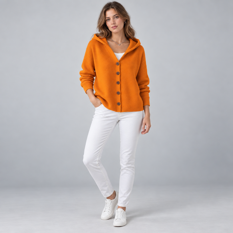 Damen Kapuzen-Strickjacke mit Knopfleiste – Relaxed Fit — Orange