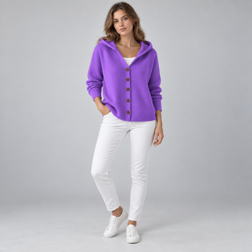 Damen Kapuzen-Strickjacke mit Knopfleiste – Relaxed Fit — Lila