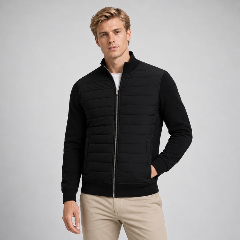 Herren Hybrid-Steppjacke mit Strickärmeln – Regular Fit — Schwarz