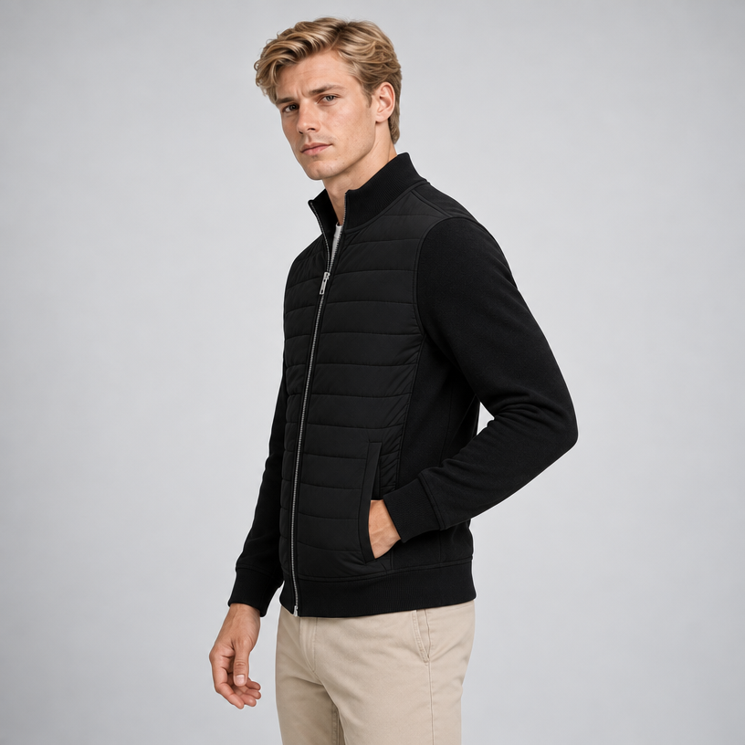 Herren Hybrid-Steppjacke mit Strickärmeln – Regular Fit — Schwarz