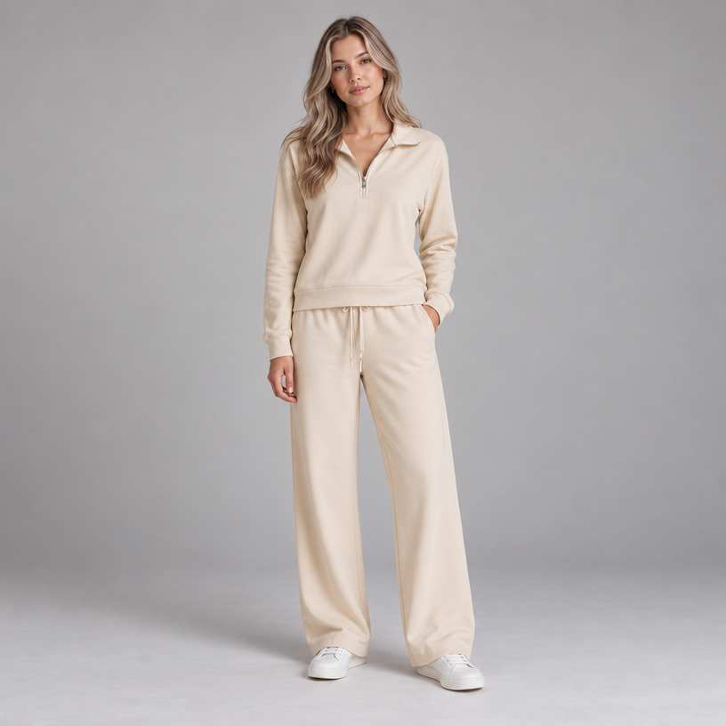 Damen Lounge-Zweiteiler mit Half-Zip und weiter Hose — Creme