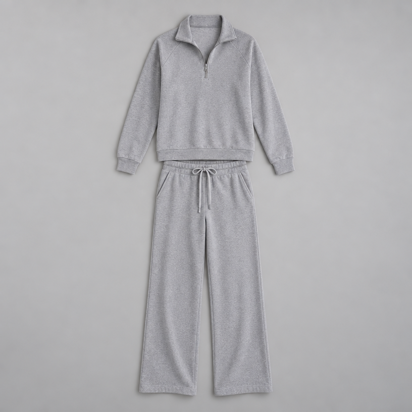 Damen Lounge-Zweiteiler mit Half-Zip und weiter Hose — Hellgrau