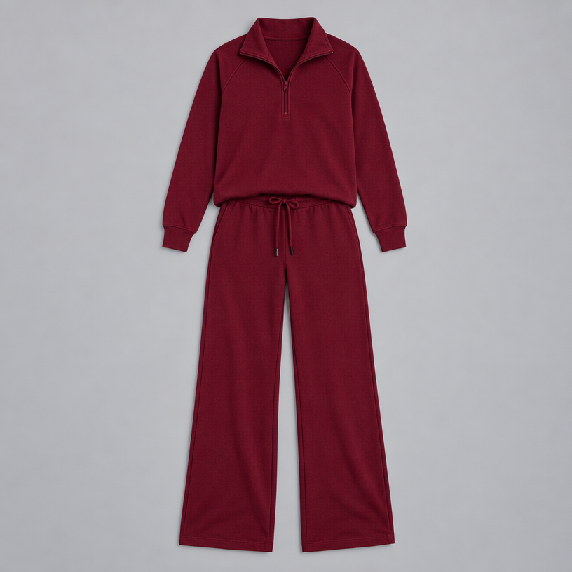 Damen Lounge-Zweiteiler mit Half-Zip und weiter Hose — Burgunder