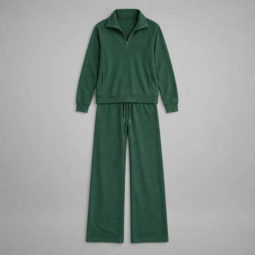 Damen Lounge-Zweiteiler mit Half-Zip und weiter Hose — Dunkelgrün