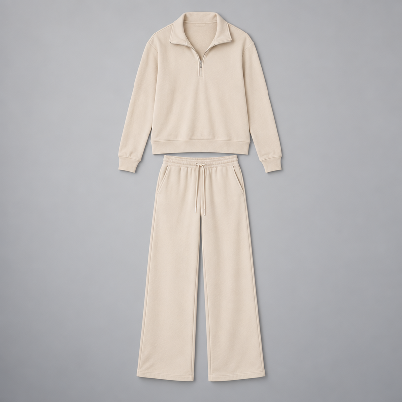 Damen Lounge-Zweiteiler mit Half-Zip und weiter Hose — Creme