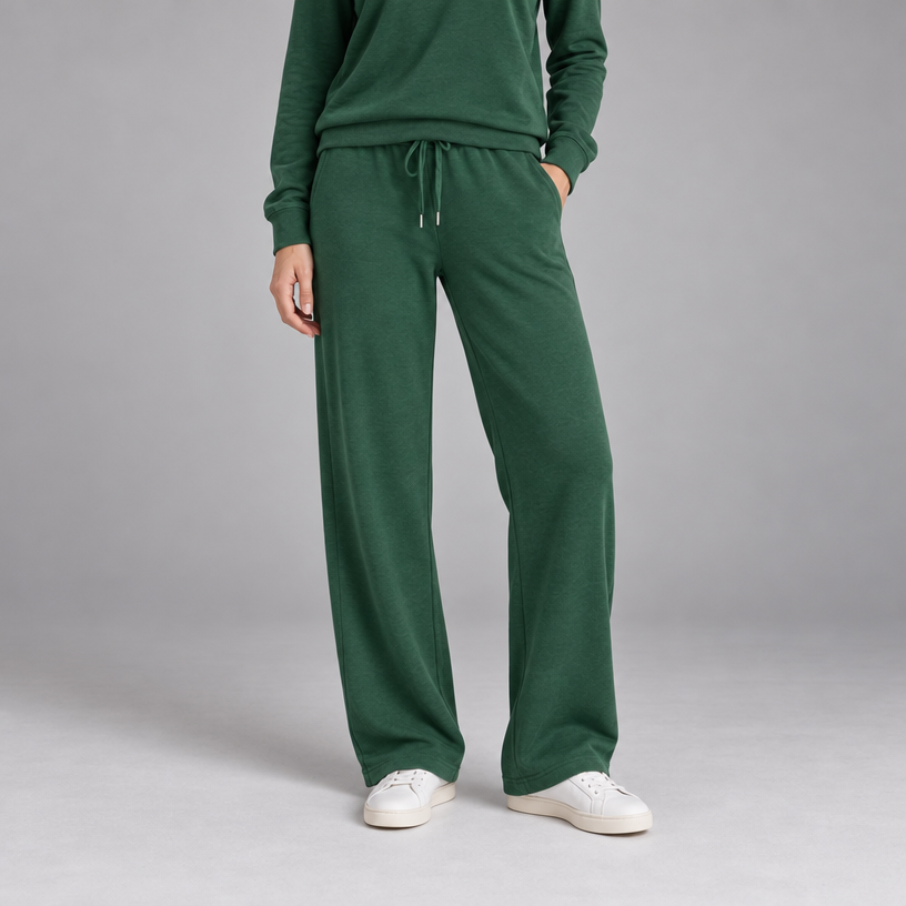 Damen Lounge-Zweiteiler mit Half-Zip und weiter Hose — Dunkelgrün