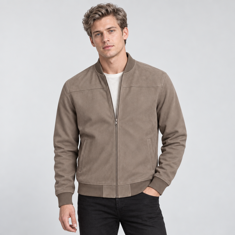 Herren Suede-Jacke mit Stehkragen – Regular Fit — Khaki