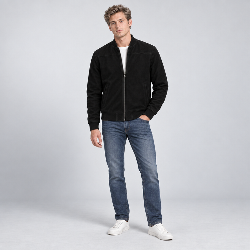 Herren Suede-Jacke mit Stehkragen – Regular Fit — Schwarz