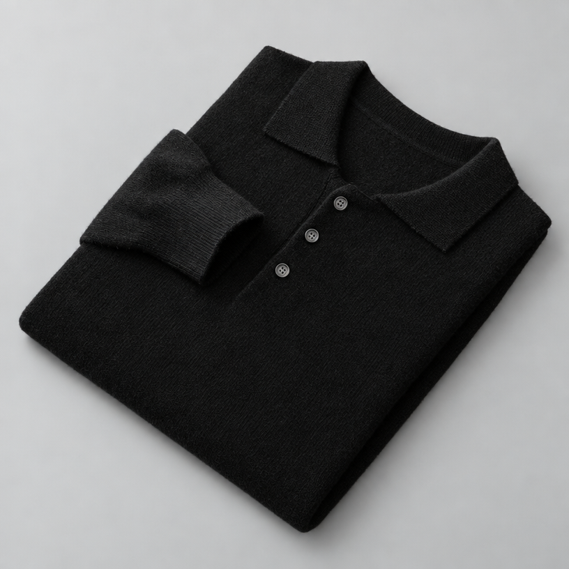 Herren Merino-Polopullover mit Knopfleiste – Regular Fit — Schwarz