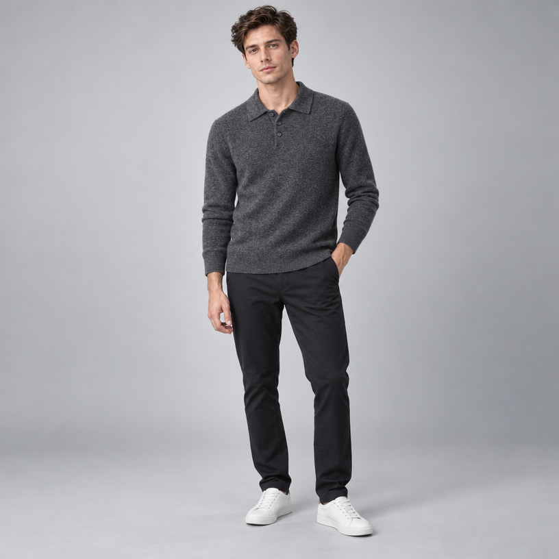 Herren Merino-Polopullover mit Knopfleiste – Regular Fit — Dunkelgrau